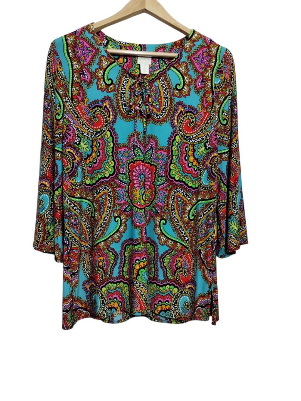 Chico's Paisley Tie-Neck Women's L Blouse Boho Artsy